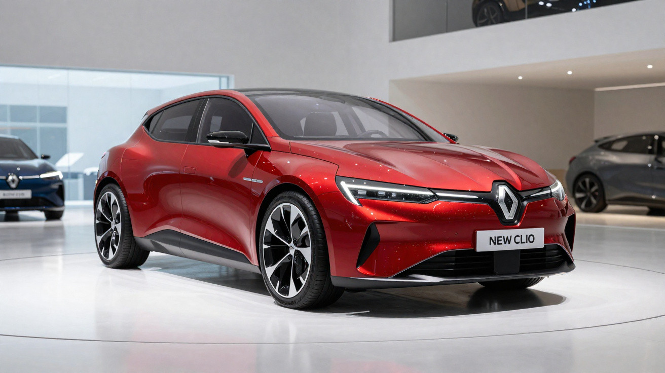 Carro vermelho Renault New Clio exposto em salão automotivo moderno e iluminado.