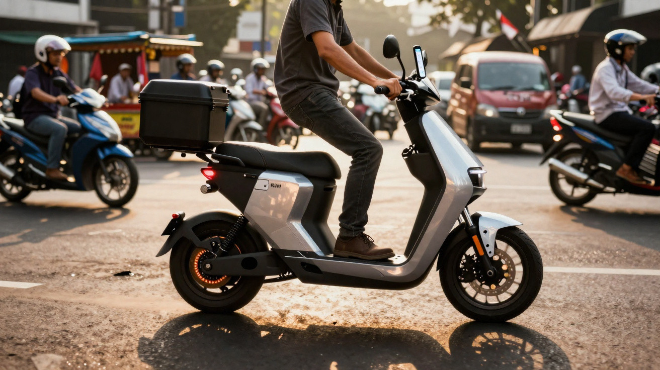 Pessoa andando de scooter elétrica cinza em rua movimentada com outros motociclistas ao fundo.