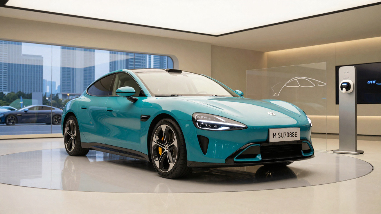 Carro elétrico esportivo azul exibido em showroom moderno com carregador ao fundo.