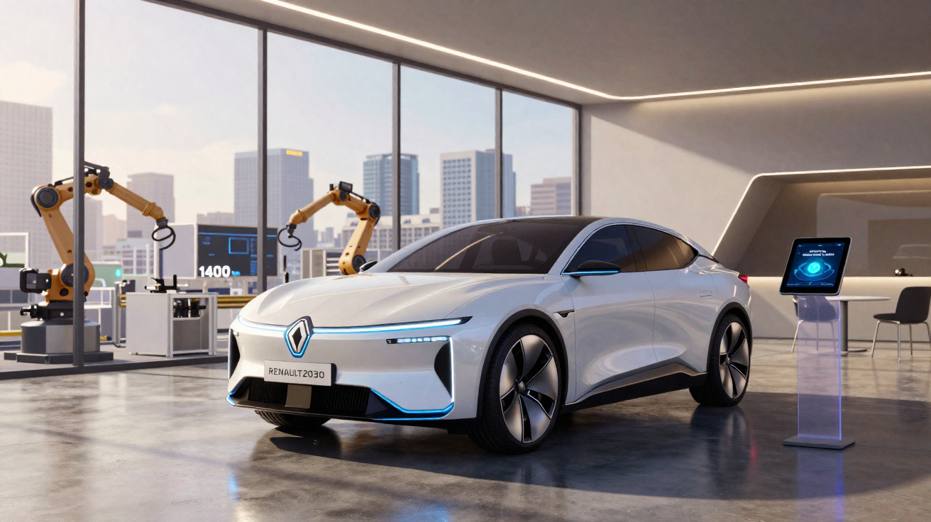 Carro elétrico branco moderno em showroom com braços robóticos e painel digital ao lado.