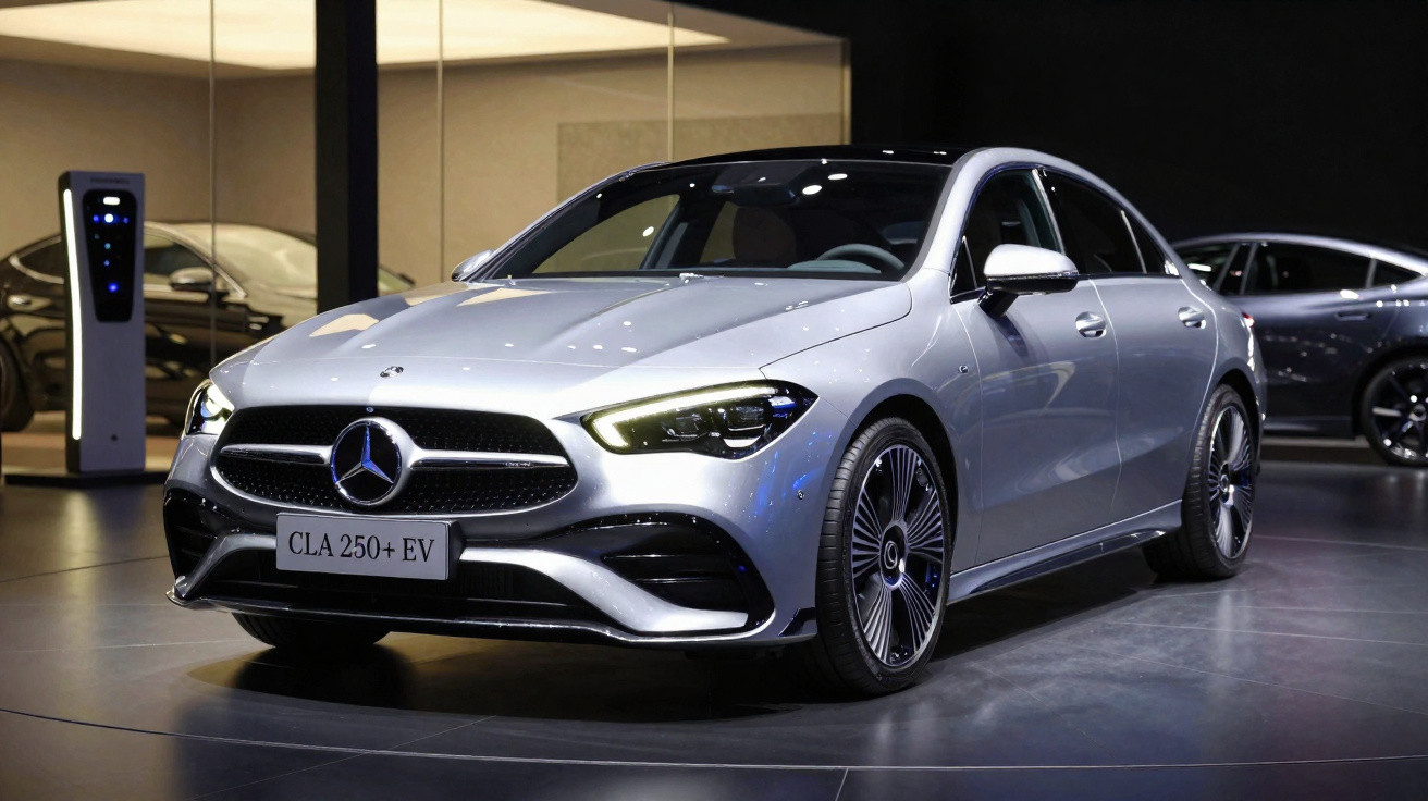 Carro elétrico Mercedes-Benz CLA 250+ EV prata exibido em showroom moderno e iluminado.