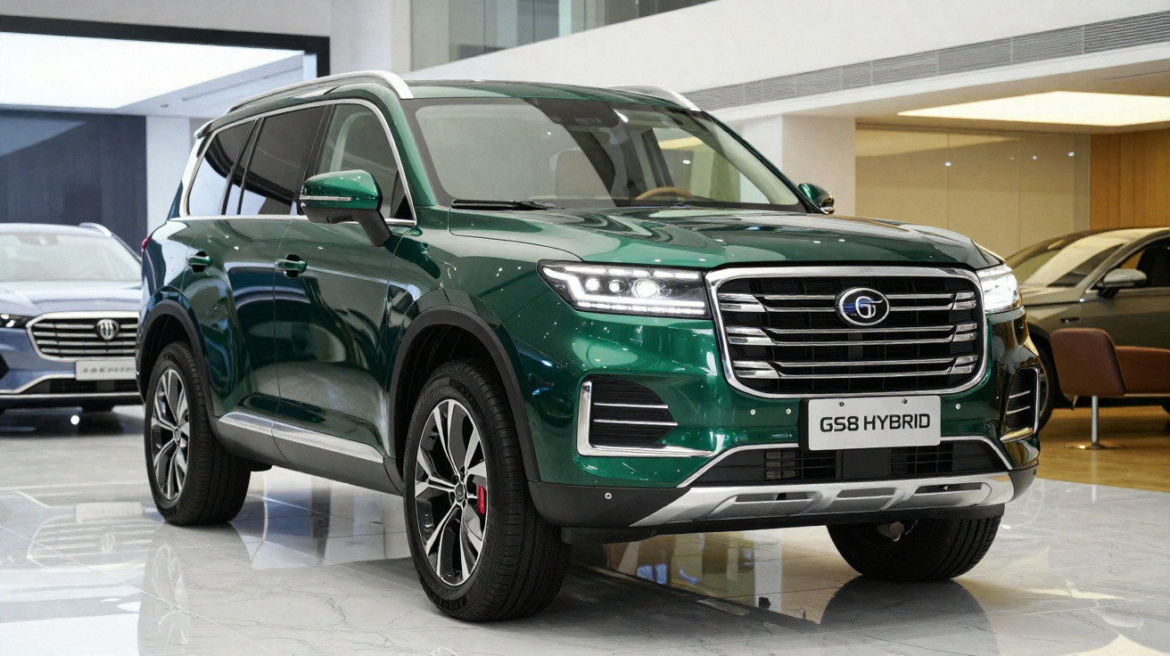 SUV verde metálico GS8 Hybrid em showroom moderno com piso refletivo e outros carros ao fundo.