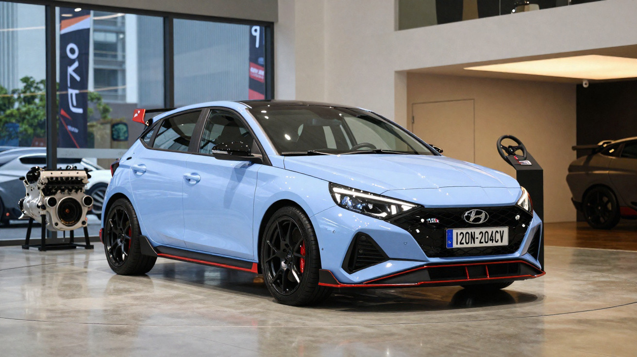 Carro hatchback esportivo azul claro com detalhes em vermelho exibido em showroom moderno com motor ao fundo.
