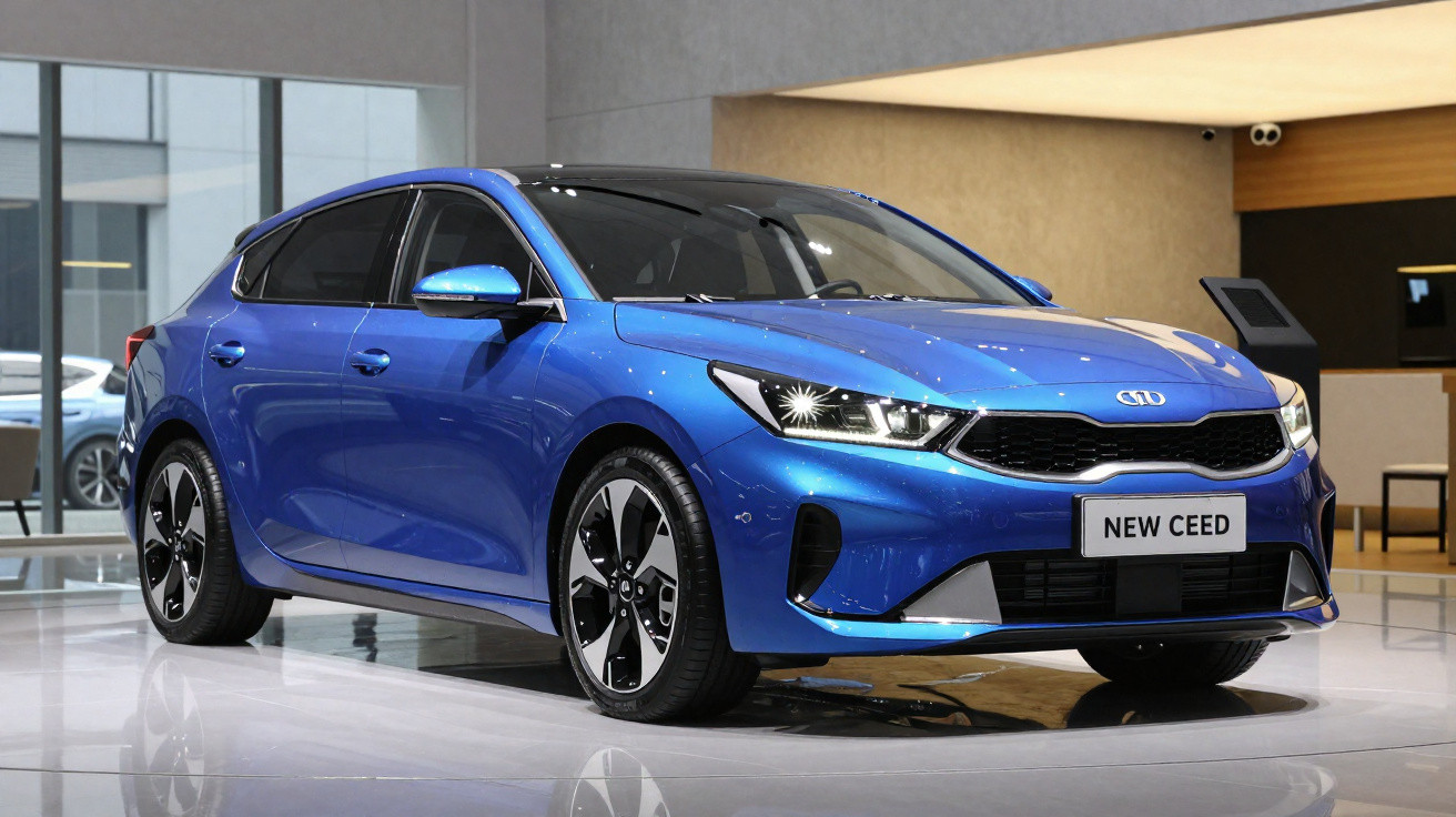 Carro hatch azul Kia New Ceed em exposição dentro de sala moderna com piso branco brilhante.