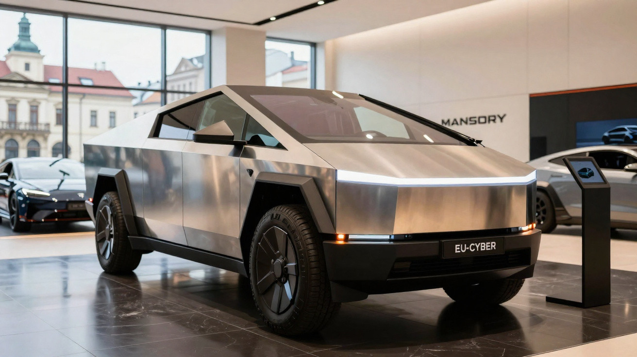 Carro elétrico futurista prateado com design angular exposto em showroom moderno.