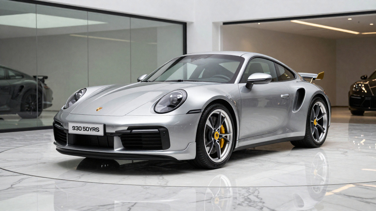 Carro esportivo Porsche prata em exposição interna com piso de mármore e paredes claras.