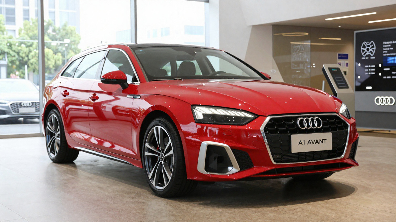 Carro Audi A1 Avant vermelho estacionado em showroom moderno com janelas grandes.