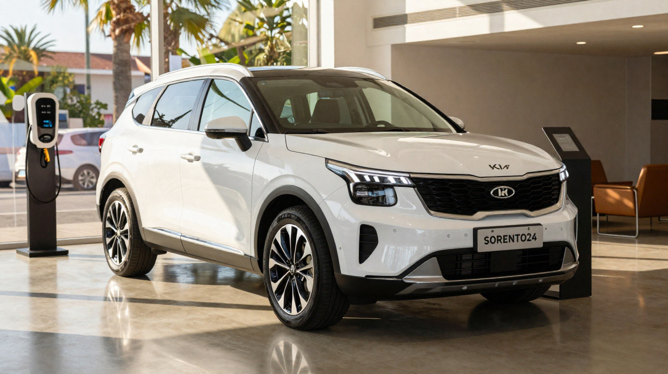 Carro SUV branco Kia Sorento 2024 elétrico exibido em showroom com estação de carregamento ao lado.