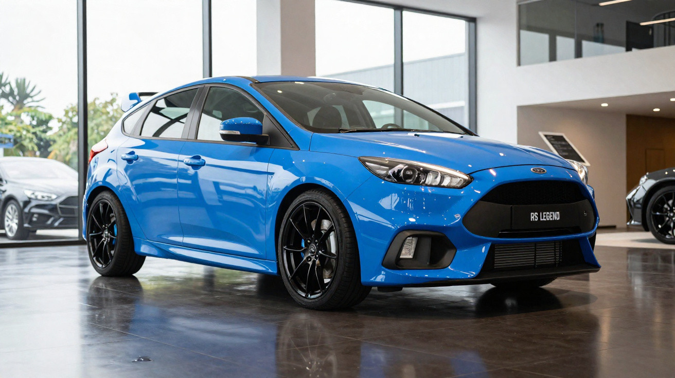 Carro esportivo azul Ford RS Legend estacionado em showroom moderno com piso brilhante.