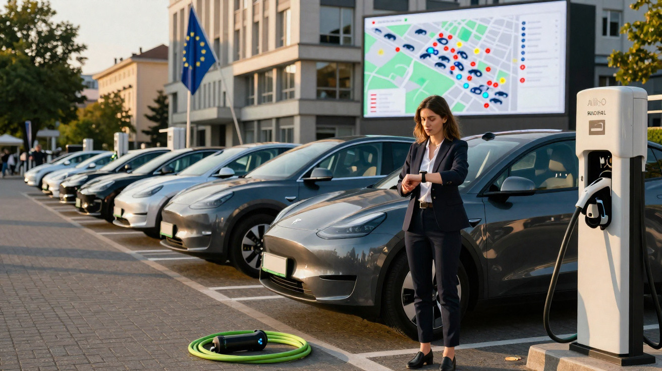 Mulher de terno verifica relógio perto de carros elétricos estacionados e ponto de recarga ao ar livre.