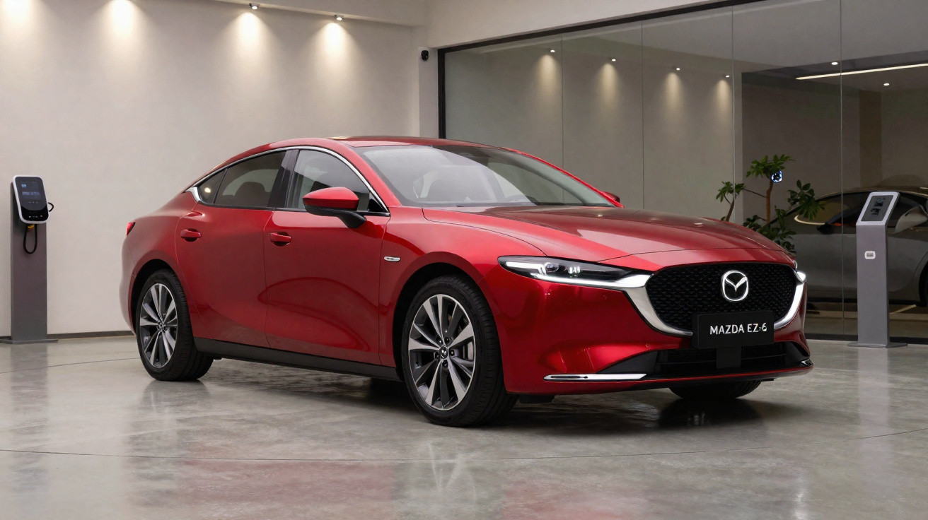 Carro vermelho Mazda EZ-6 elétrico em ambiente interno moderno com carregadores ao fundo.