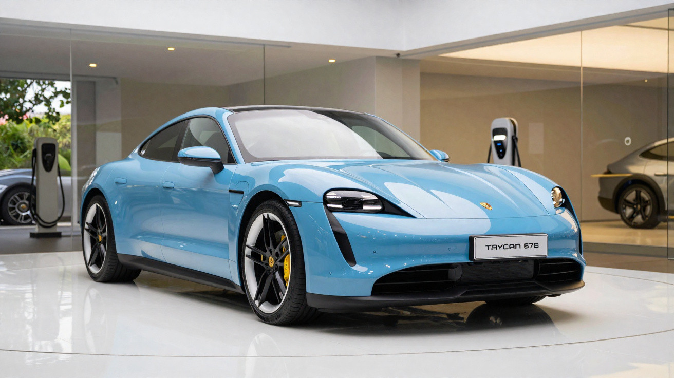 Carro esportivo elétrico Porsche Taycan azul exibido em showroom moderno e iluminado.