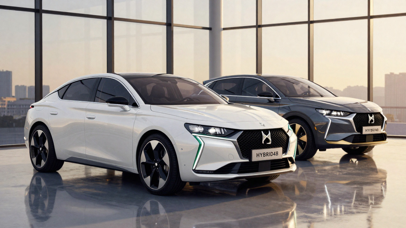 Dois carros híbridos DS Automobiles modernos em um showroom com grandes janelas de vidro.