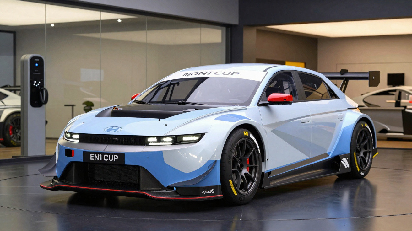 Carro de corrida Hyundai elétrico branco e azul estacionado em showroom moderno.