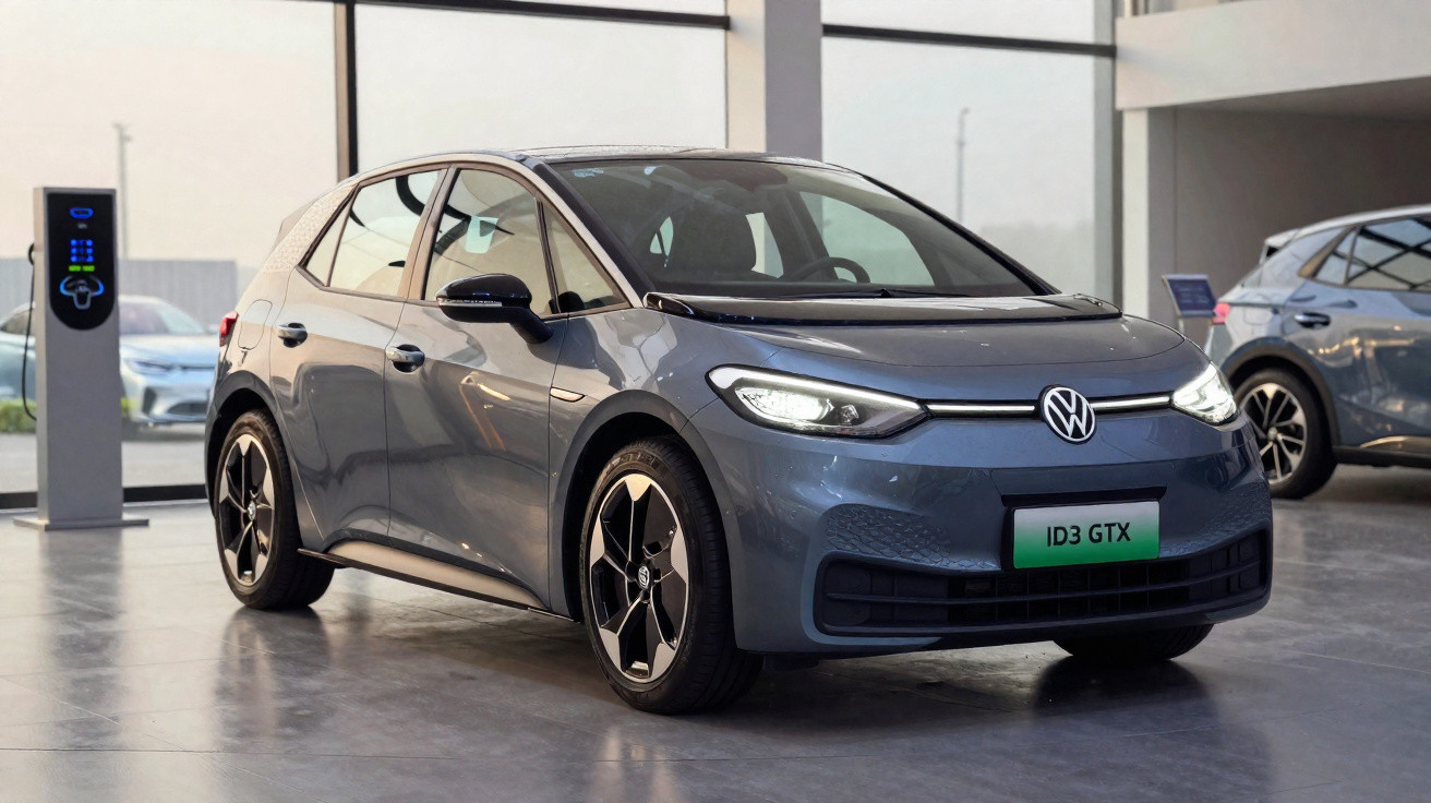 Carro elétrico Volkswagen ID.3 GTX cinza estacionado em showroom com estação de recarga ao fundo.