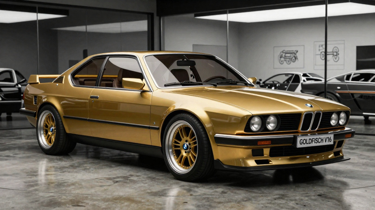 Carro esportivo BMW clássico dourado estacionado em piso de concreto com espelhos ao fundo