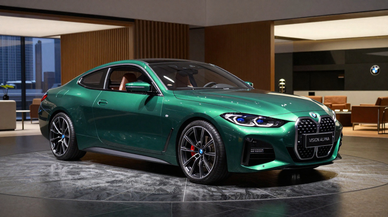 Carro esportivo BMW verde com design moderno exposto em salão sofisticado com iluminação interna.