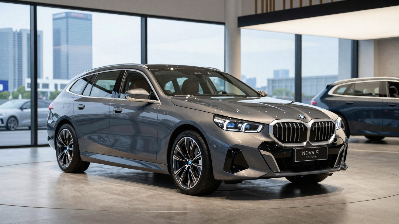 Carro BMW cinza modelo nova 5 Touring exposto em showroom moderno com grandes janelas e vista urbana.