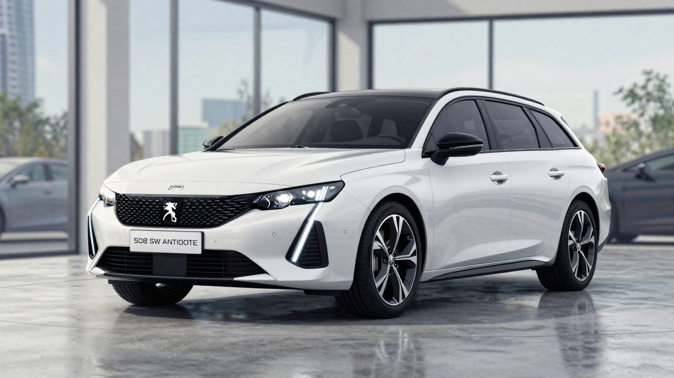 Carro Peugeot 508 SW Antidote branco estacionado em ambiente interno com piso refletivo.