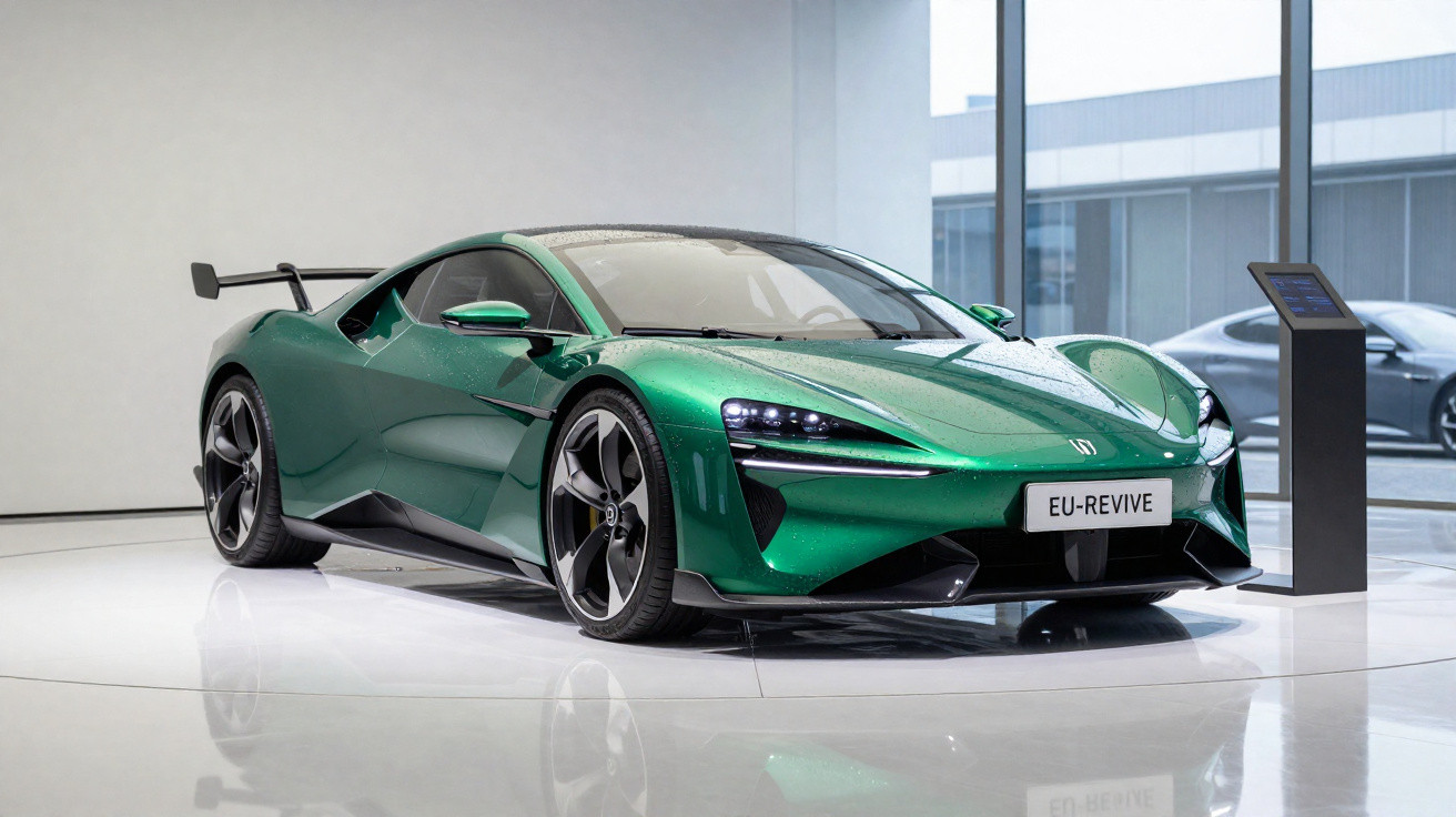 Carro esportivo verde metálico exibido em showroom moderno com iluminação branca e janela de vidro.
