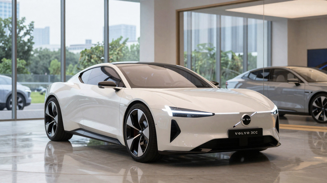 Carro elétrico branco Volvo 3CC esportivo exposto em showroom moderno com piso reflexivo e vidros amplos.