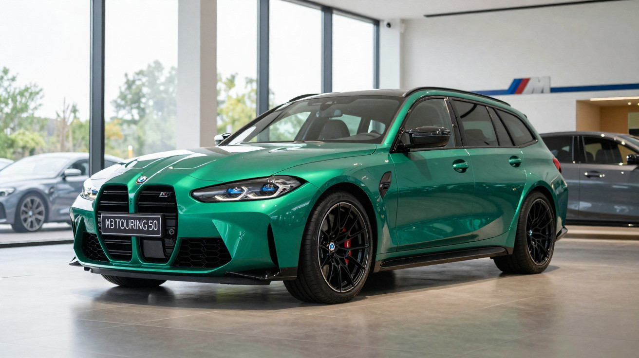 Carro BMW M3 Touring verde estacionado em showroom com janelas grandes ao fundo.