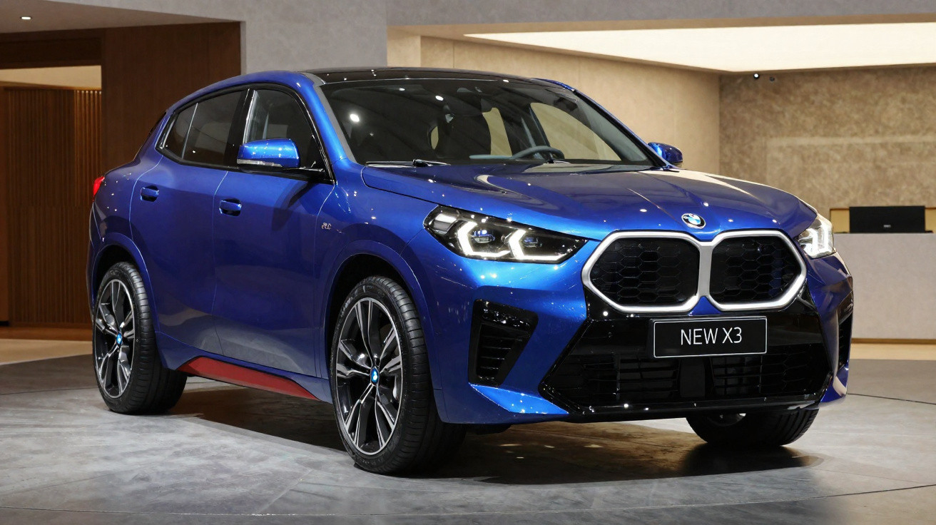 Carro BMW X3 azul exibido em ambiente interno com iluminação suave e detalhes esportivos.