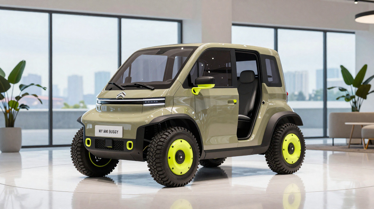Carro elétrico compacto Citroën My Ami Buggy verde com detalhes em amarelo em ambiente interno moderno.