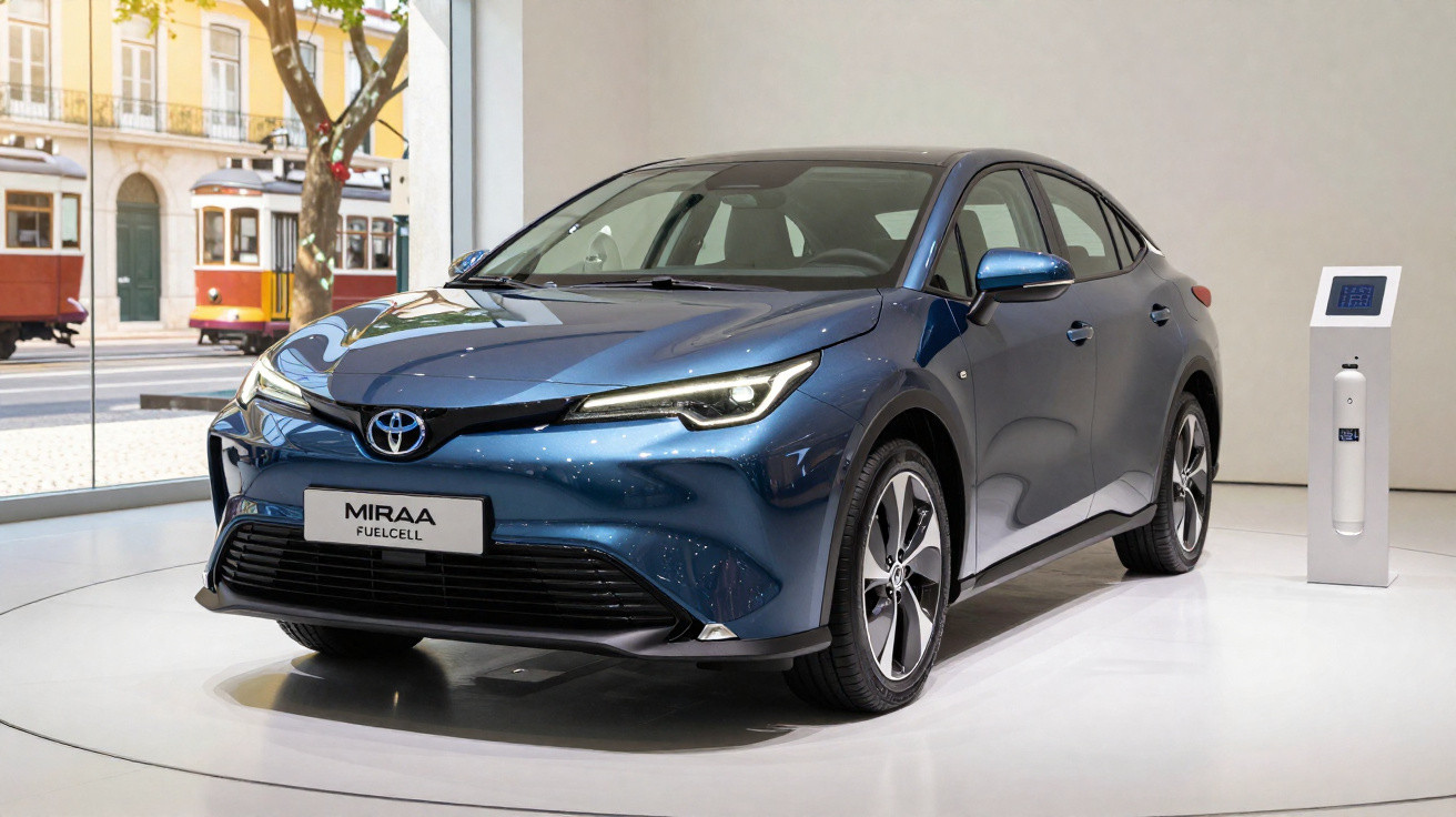 Carro elétrico Toyota Mirai Fuelcell azul exibido em salão com painel digital ao lado.
