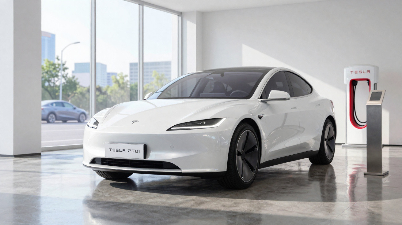 Carro elétrico branco Tesla Model P7 01 estacionado em showroom ao lado de estação de recarga Tesla.