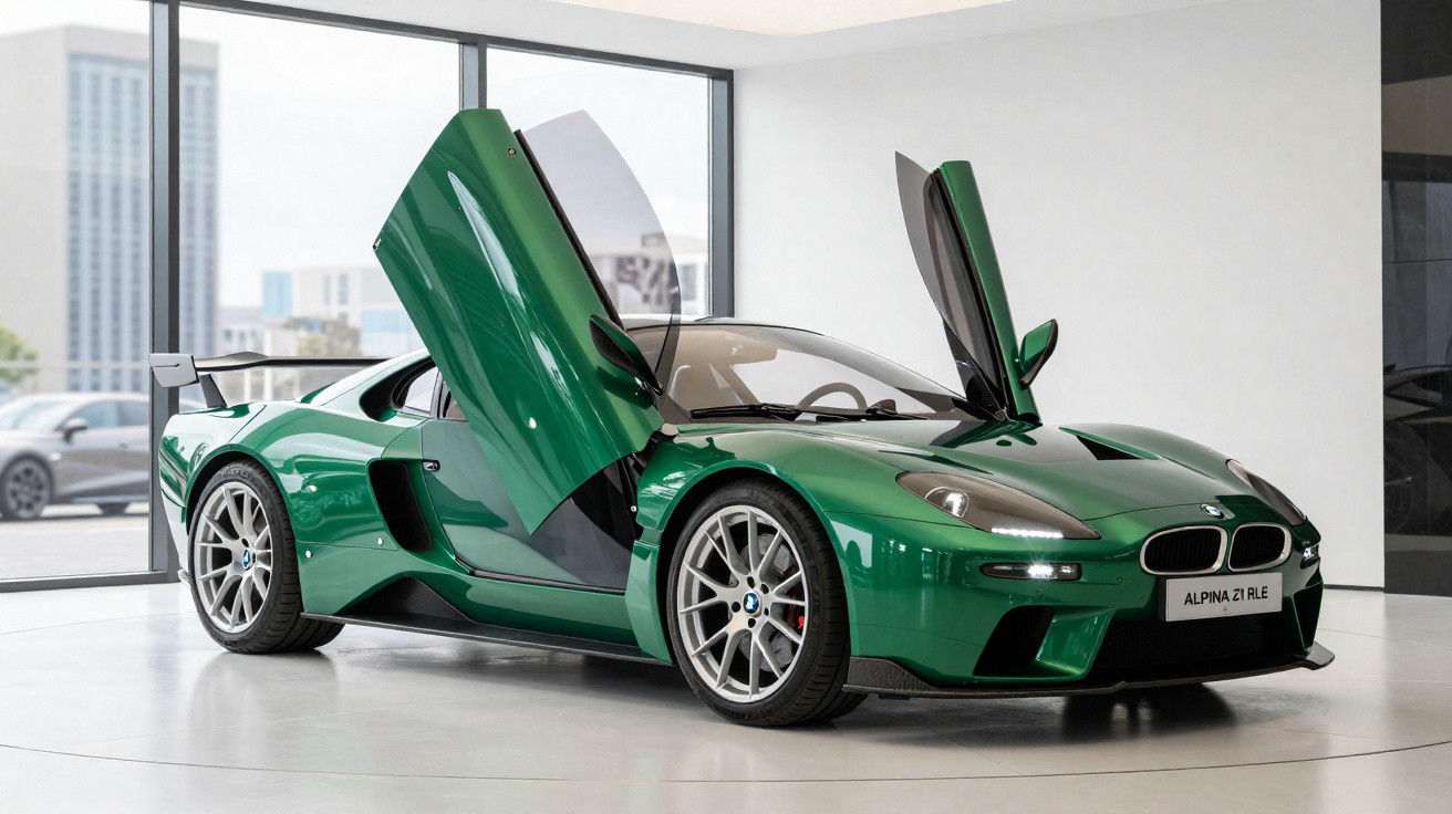 Carro esportivo BMW Alpina Z1 RLE verde com portas tipo tesoura aberto em showroom moderno.
