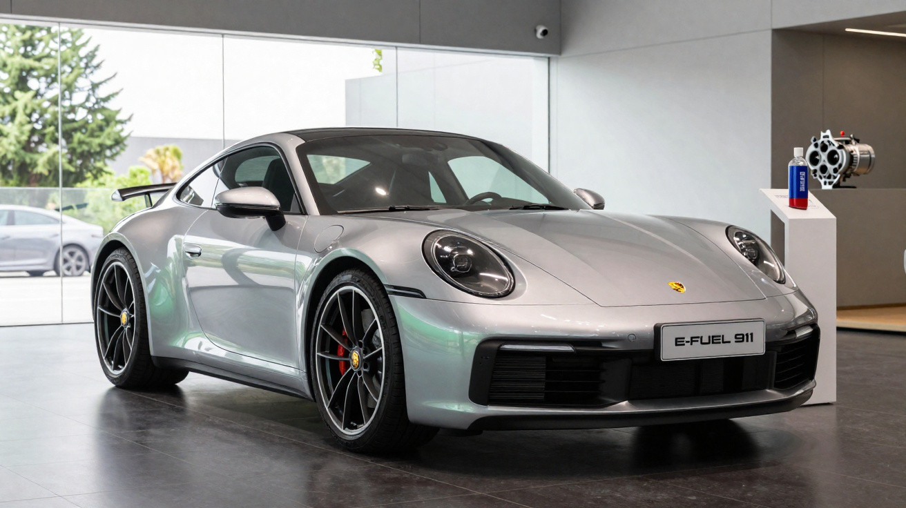 Porsche 911 prata exposto em showroom moderno com destaque para placa E-Fuel 911.