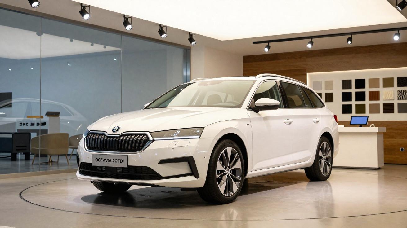 Carro branco modelo Octavia 20TDI exposto em showroom moderno com piso claro e parede de vidro.