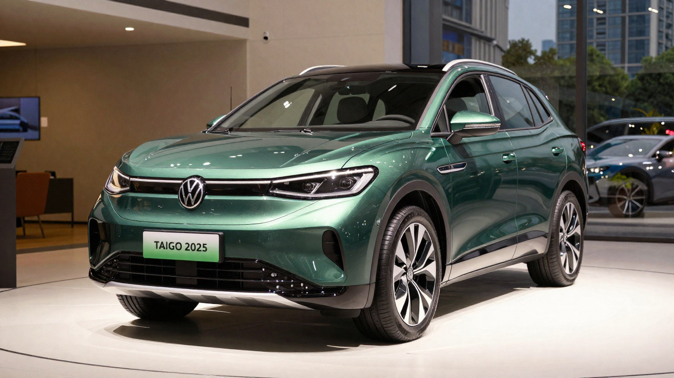 Carro Volkswagen Taigo 2025 verde exposto em salão com luz branca e vidro ao fundo.