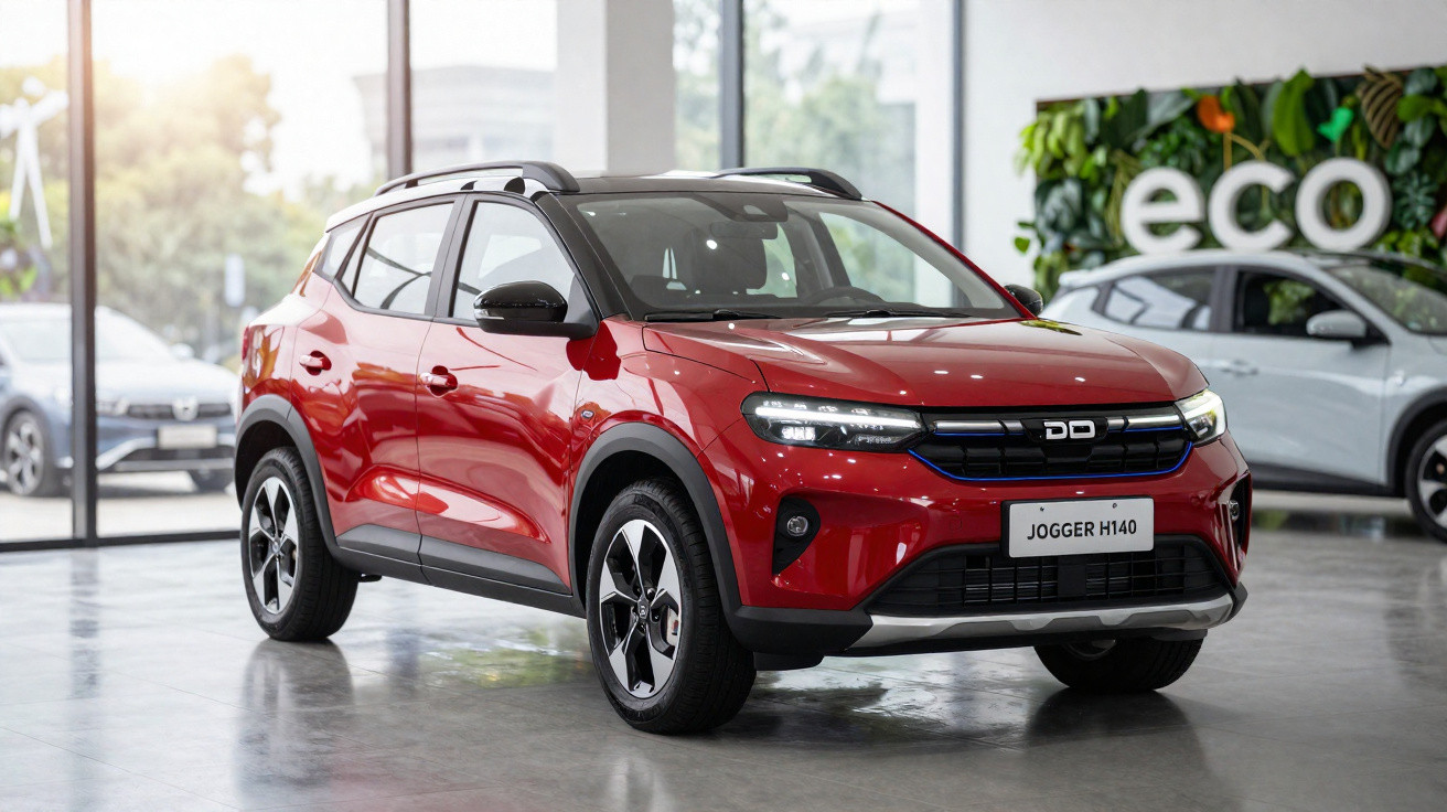 Carro SUV vermelho DD Jogger H140 exibido em showroom com detalhes em preto e rodas esportivas.