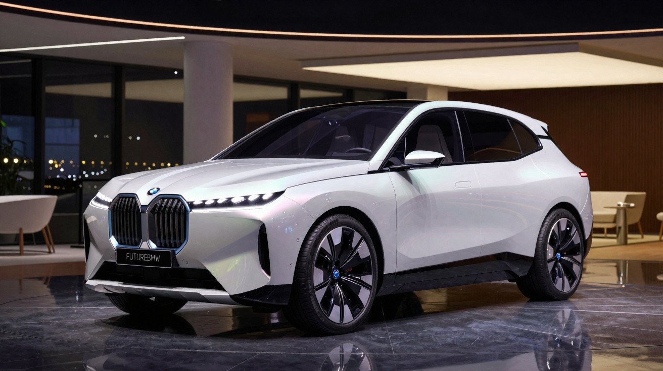 Carro BMW branco futurista exposição interna com design moderno e faróis em LED.
