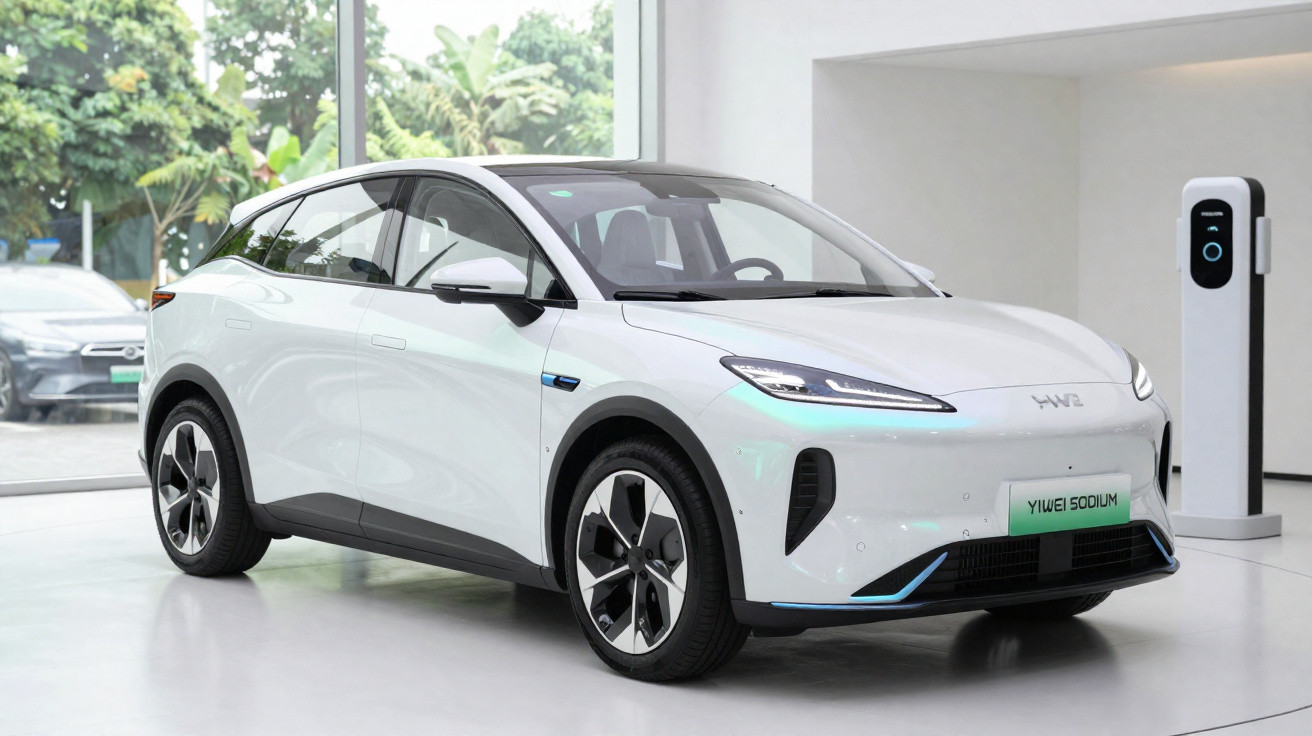 Carro elétrico branco modelo YIWEI SODIUM estacionado em ambiente interno moderno com estação de recarga.
