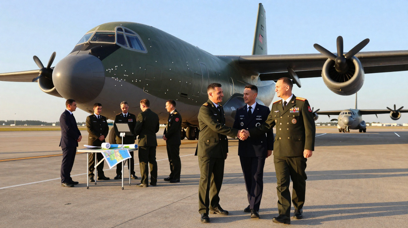 Militares de uniformes cumprimentam-se em frente a um avião militar em um aeroporto ao entardecer.