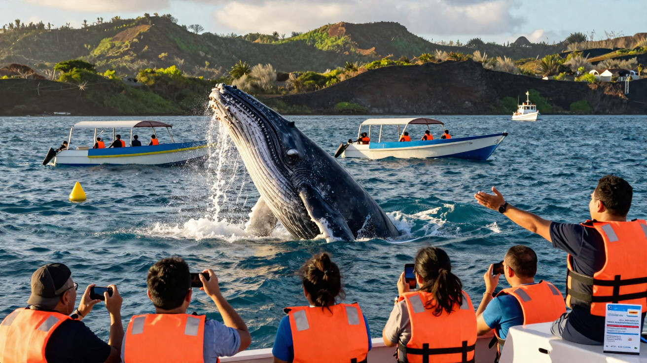Pessoas observando e fotografando uma baleia-jubarte saltando próximo a barcos em mar calmo.