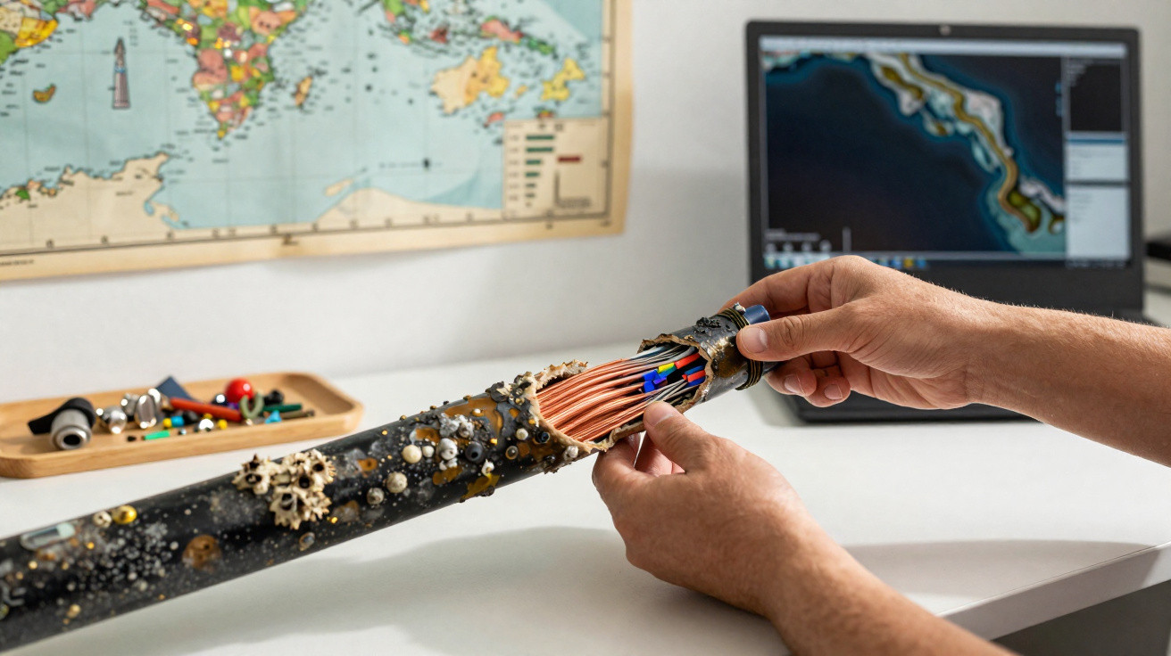 Mãos seguram cabo submarino com fios internos expostos, computador e mapa ao fundo em ambiente de trabalho.