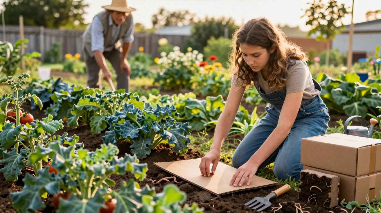 Jovem mulher plantando mudas em horta comunitária, com homem ao fundo cuidando das plantas.