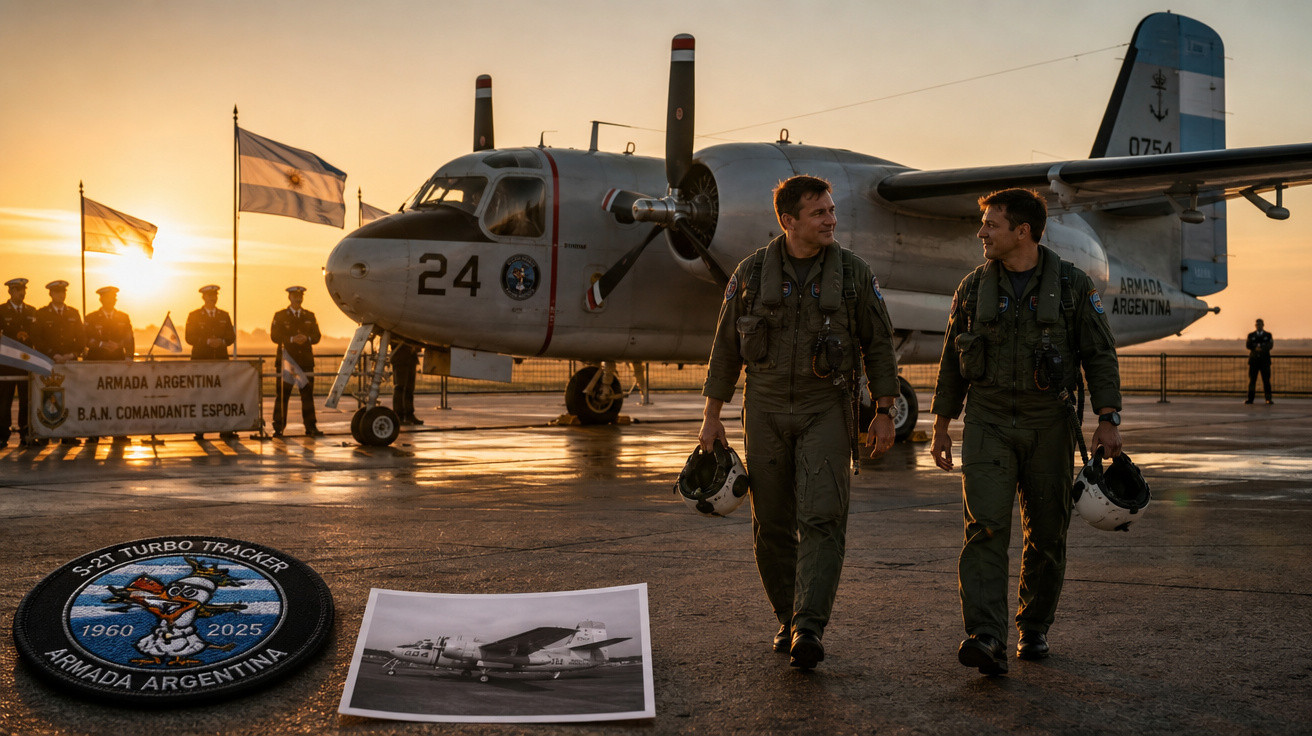 Dois pilotos da Armada Argentina caminham em frente a um avião de reconhecimento ao pôr do sol.
