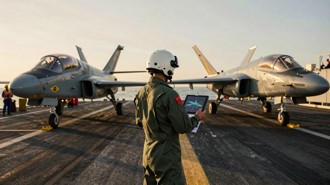 Piloto com capacete e tablet observa dois caças estacionados em porta-aviões ao pôr do sol.