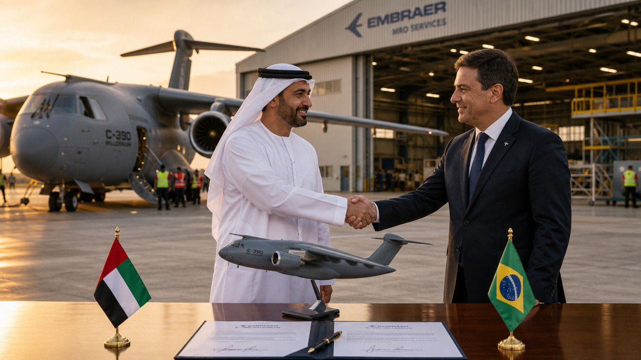 Representantes dos Emirados Árabes Unidos e Brasil apertam as mãos em acordo com modelo de aeronave C-390 na fábrica Embraer.