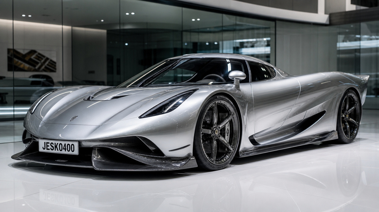 Carro esportivo prata Koenigsegg Jesko estacionado em ambiente interno moderno com piso branco refletivo.