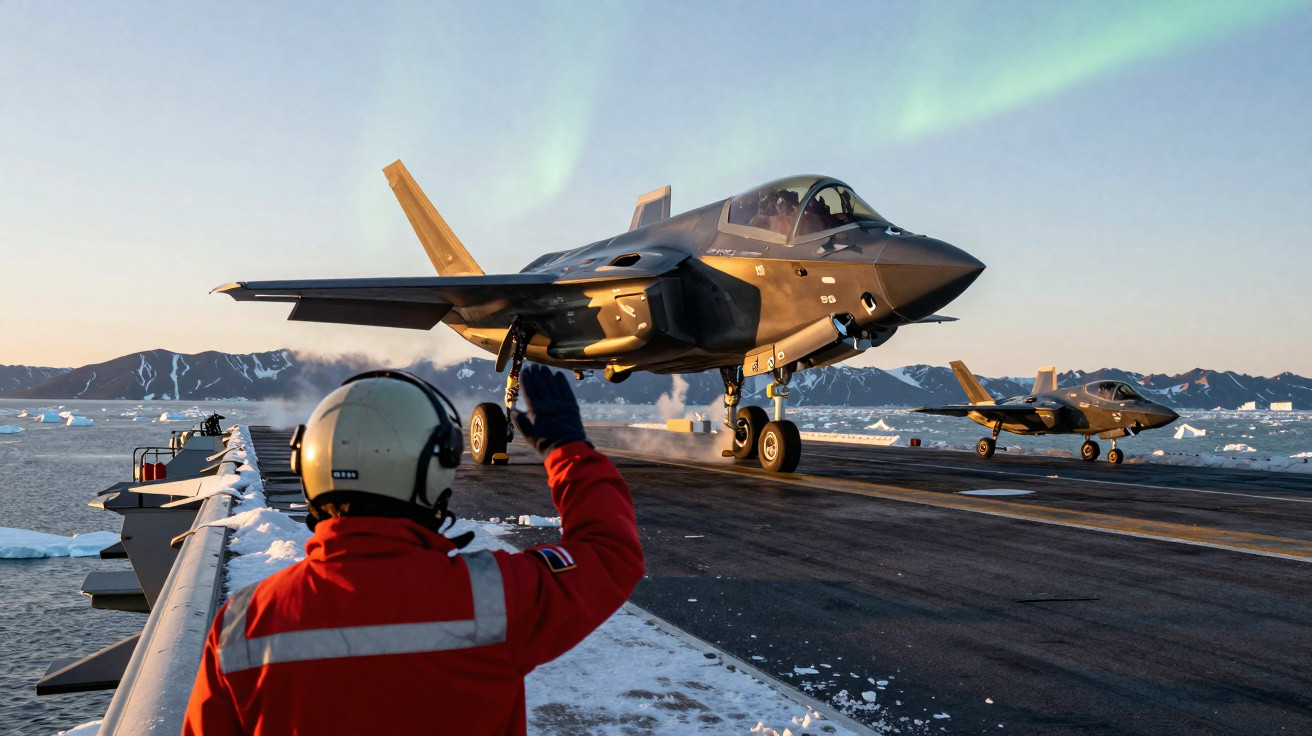 Caça F-35 decola de porta-aviões com aurora ao fundo em ambiente gelado e montanhoso.