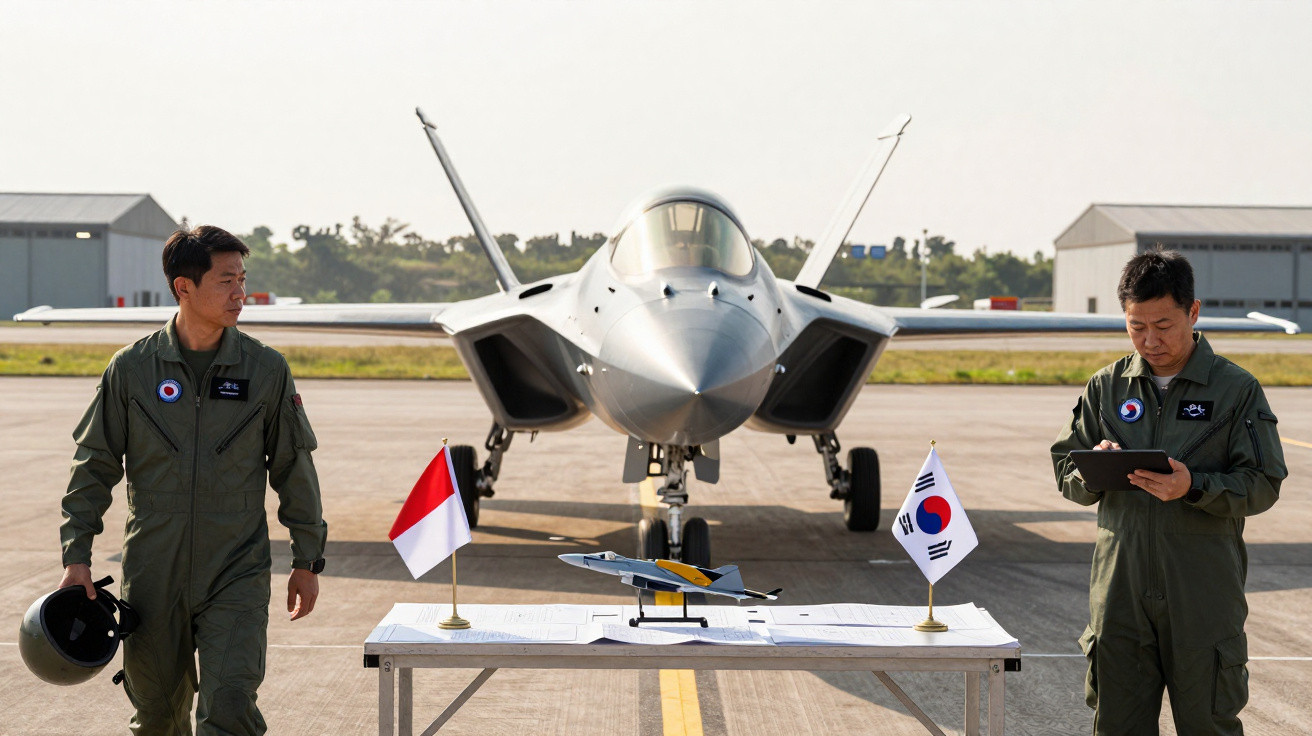 Dois pilotos militares ao lado de um caça moderno estacionado em pista com mesa e bandeiras da Coreia do Sul e Indonésia.