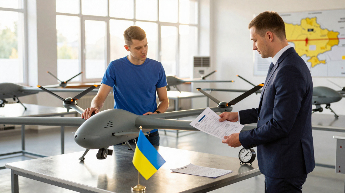 Dois homens analisam modelo de drone em mesa com bandeira da Ucrânia em laboratório iluminado.