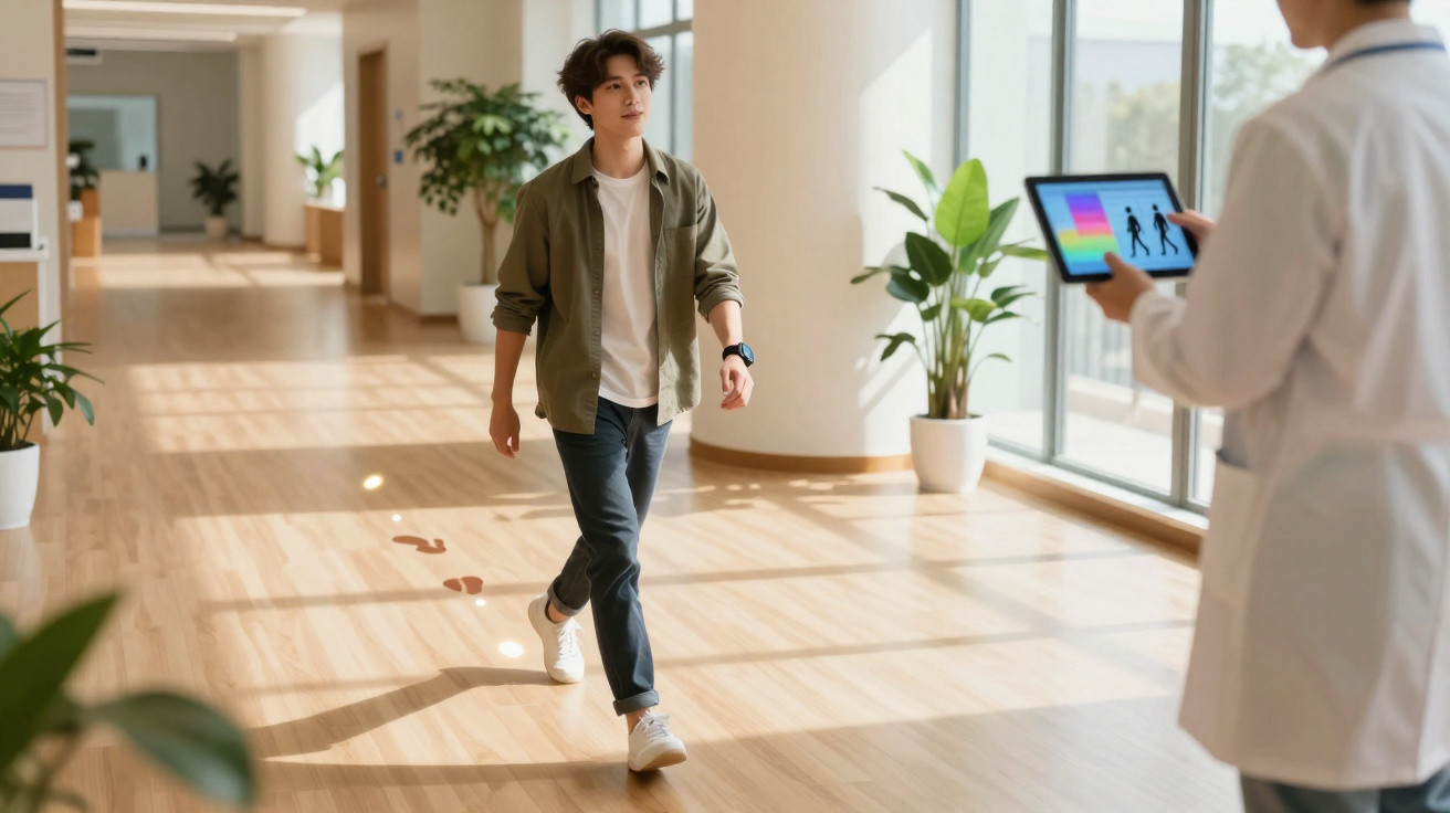 Jovem caminhando em corredor iluminado com médico observando passo em tablet, plantas ao redor.