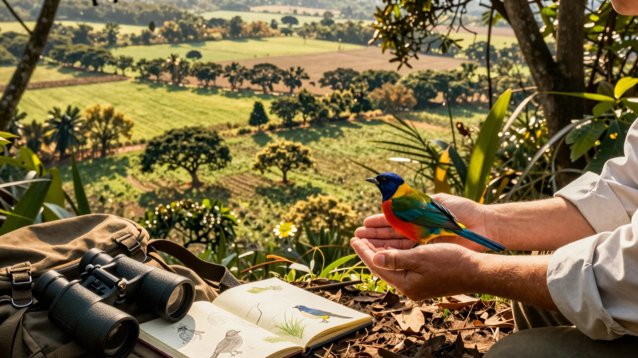 Mãos seguram um pássaro colorido próximo a binóculos e um caderno de observação em área natural com vista para a paisagem.
